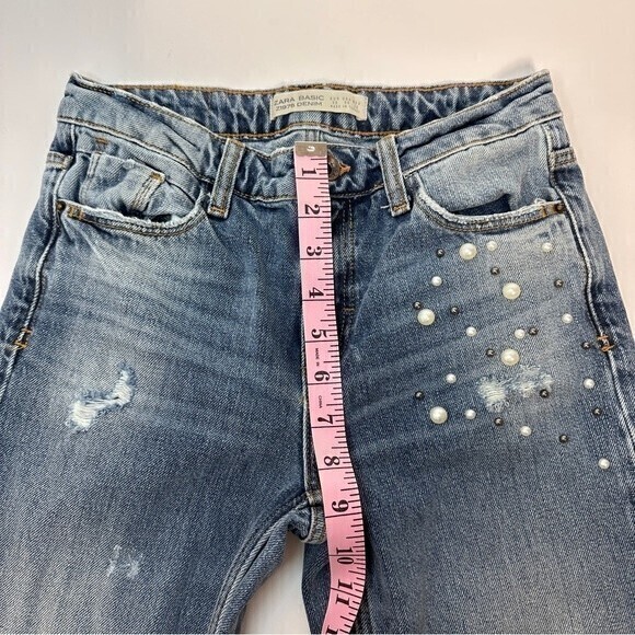 Zara Basic Z1975 Distressed Jeans with Pearls details, Size 00, Blue - Picture 7 of 8